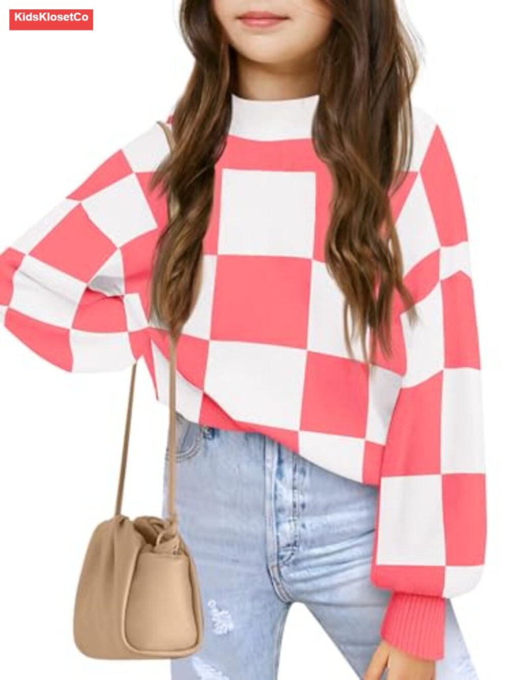 Girls Checkered Pullover Sweater Mock Neck Lantern Sleeve